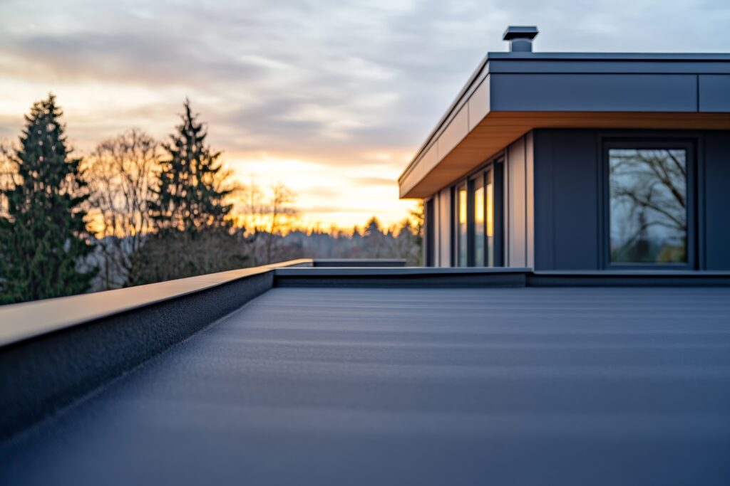 The flat roof of a house in front of a sunset.